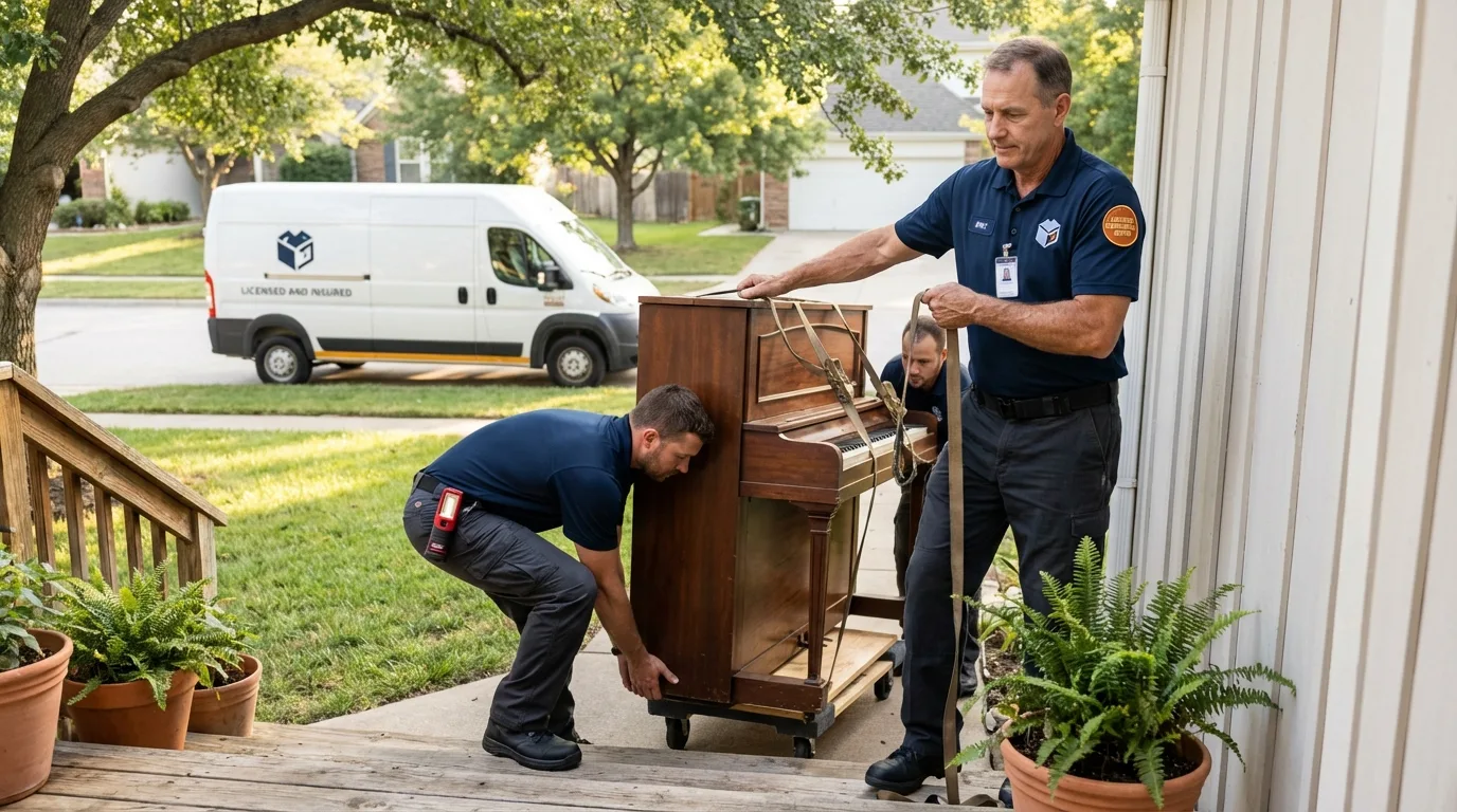 Licensed piano movers securing grand piano in Pocasset, MA