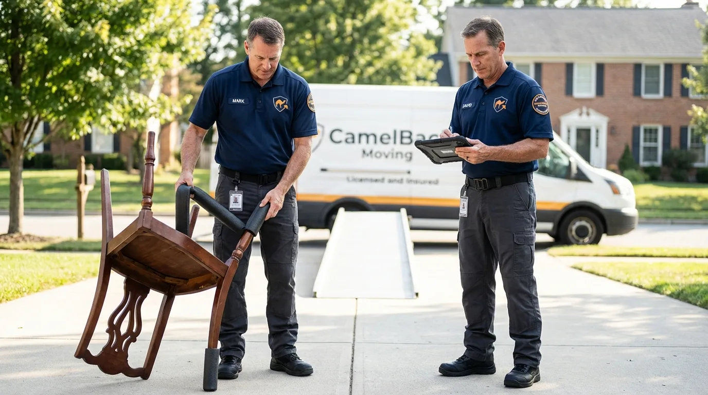 Movers inspecting furniture for damage prevention before loading in Pocasset, MA