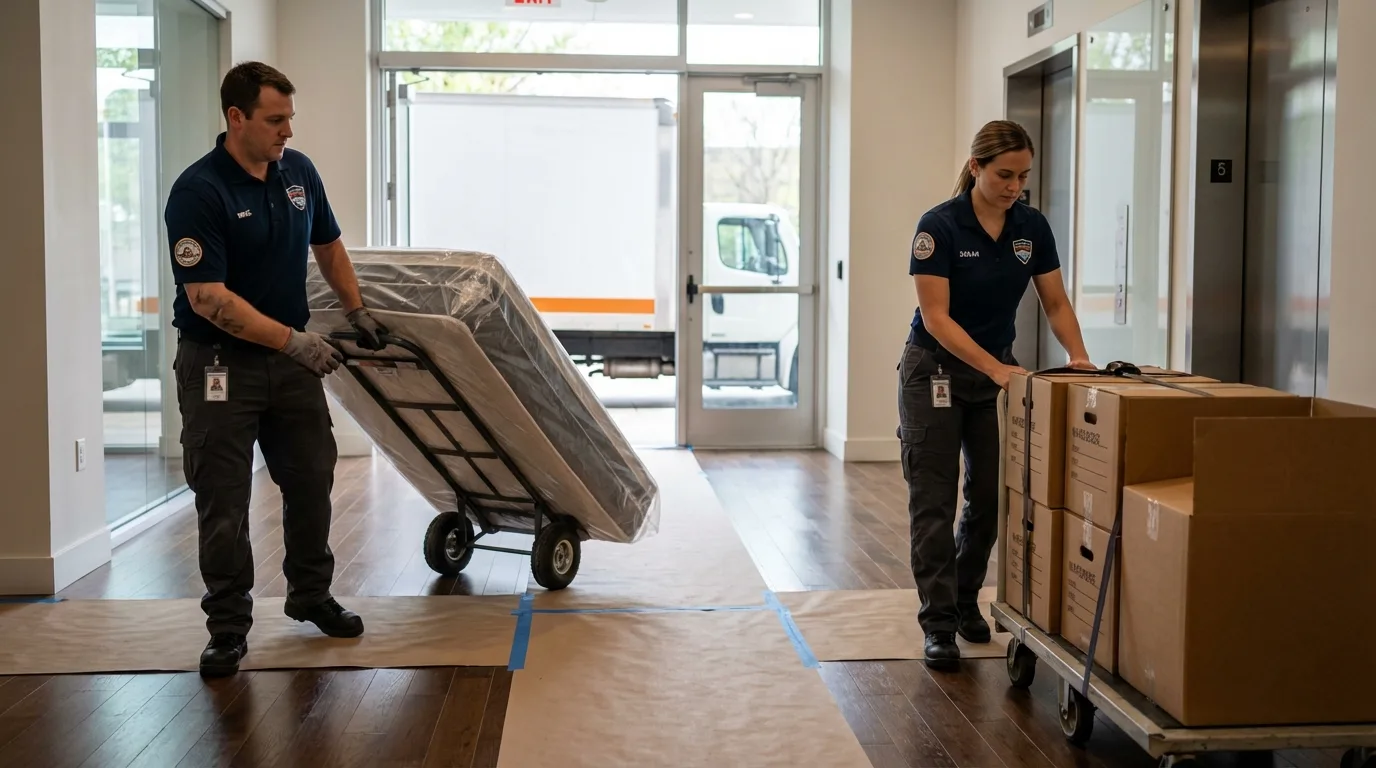 Professional apartment movers loading elevator in Pocasset, MA
